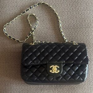 Black Quilted Leather Crossbody with Gold Chain